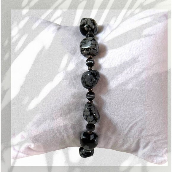 Snowflake Obsidian Beaded Bracelet With Twisted Silver Toggle Clasp - Picture 1 of 11